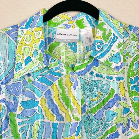VTG Alfred Dunner Women's 14P Semi Sheer Colorful Fish Print Blouse Roll Tab - Picture 7 of 11